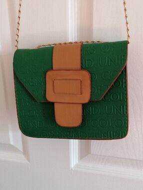 Benetton Green and Tan Crossbody Bag with gold chai  and Buckle Accent